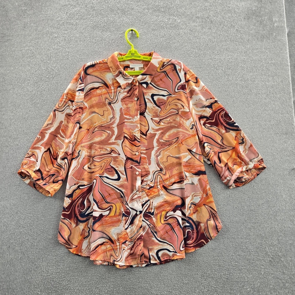 Cynthia Rowley Women Button Up Shirt 2X Peach Geometric Collared Front